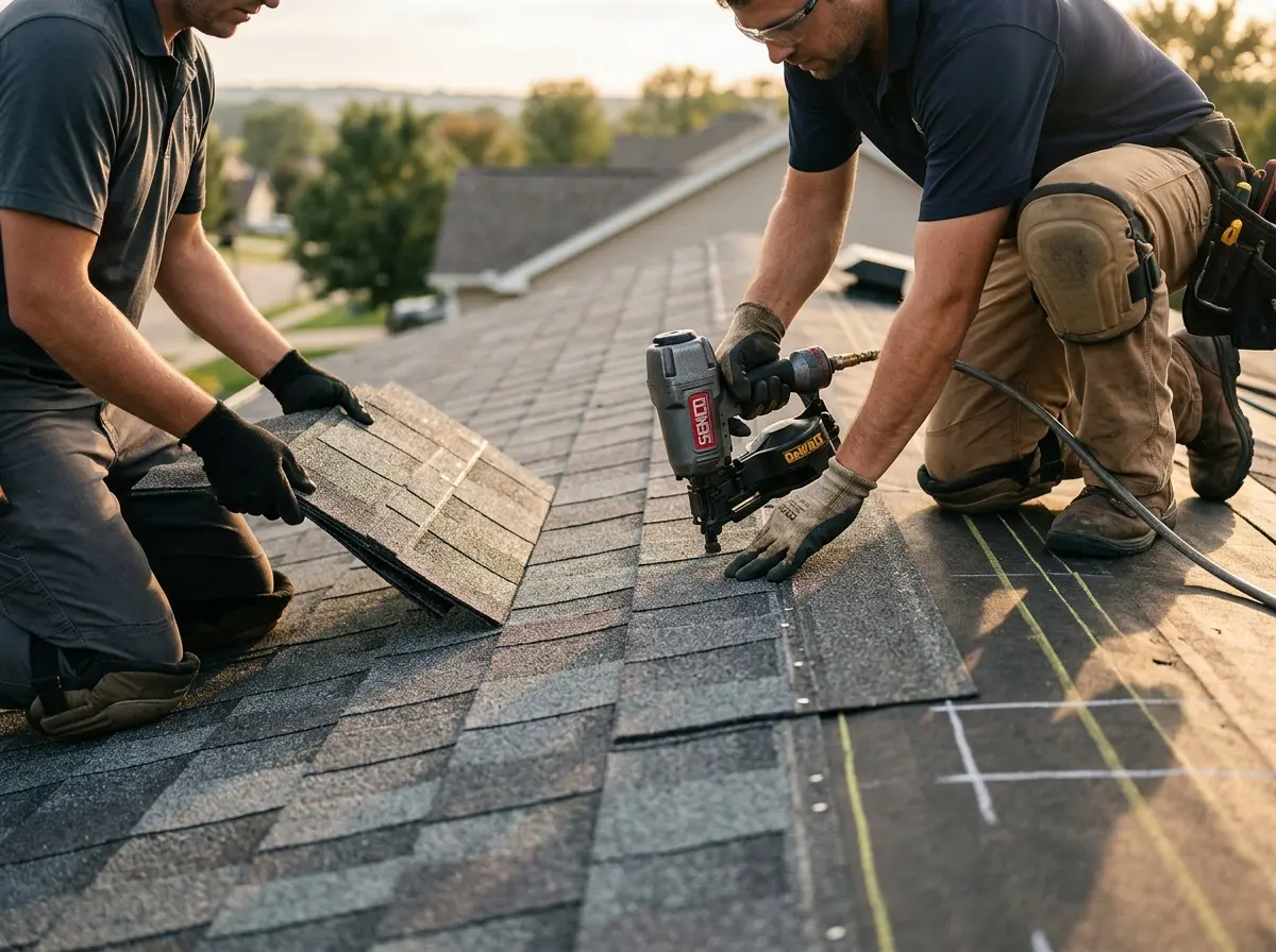 Professional roofer working on a residential roof in Scott